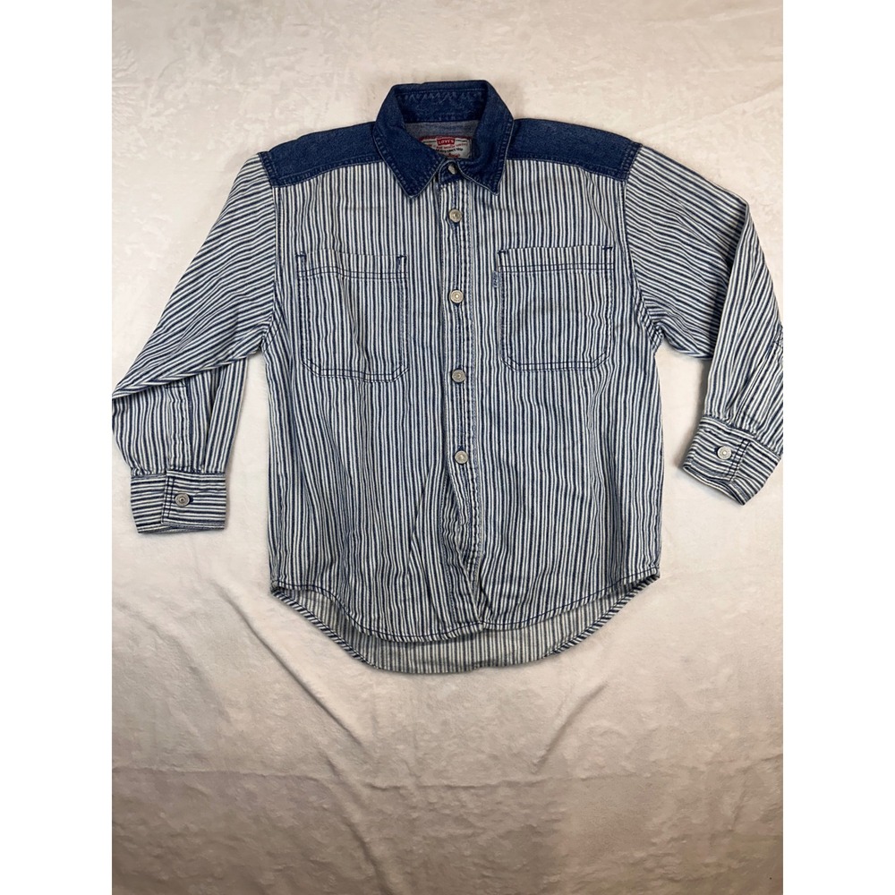Levi's Button Down Shirt S 8-10 Blue White Hickory Stripe Denim Yoke Kids